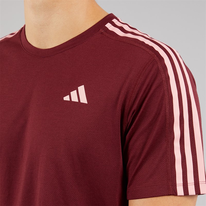 adidas Mens Own The Run 3-Stripes Running T-Shirt Shadow Red
