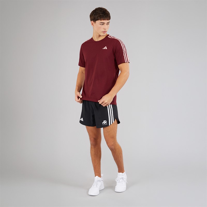 adidas Mens Own The Run 3-Stripes Running T-Shirt Shadow Red