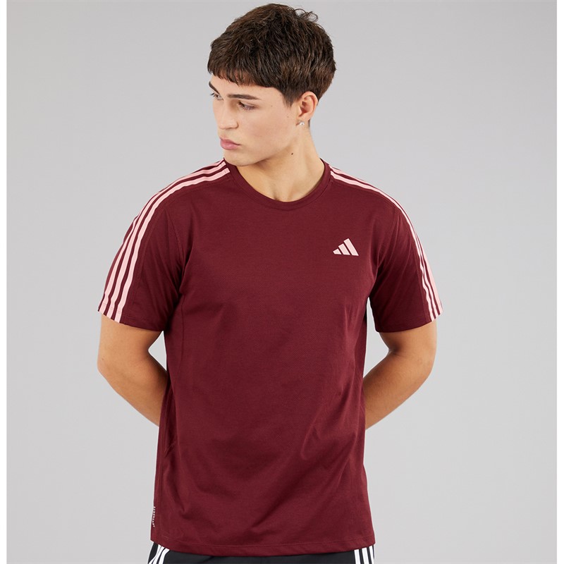 adidas Mens Own The Run 3-Stripes Running T-Shirt Shadow Red