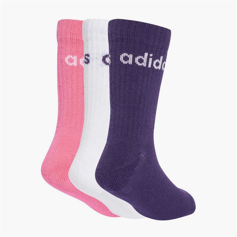 adidas Kids Linear Logo Three Pack Crew Socks White/Pink Fushion/Aurora Plum