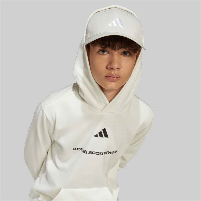 adidas Junior Boys Slogan Fleece Hoodie Off White