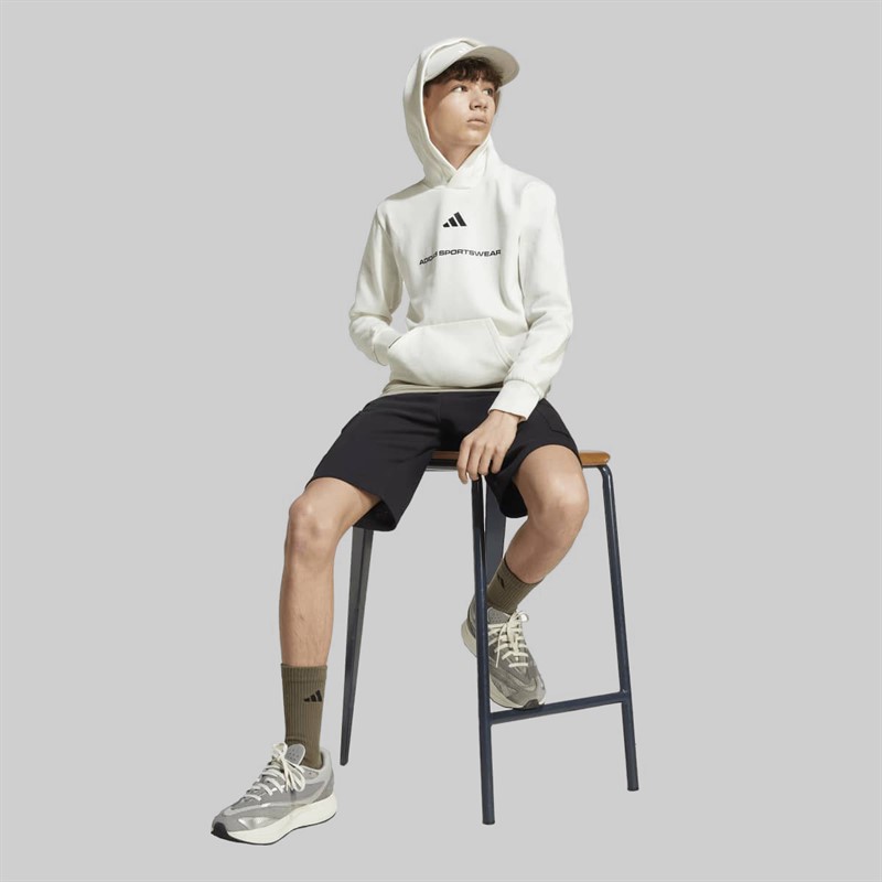 adidas Junior Boys Slogan Fleece Hoodie Off White