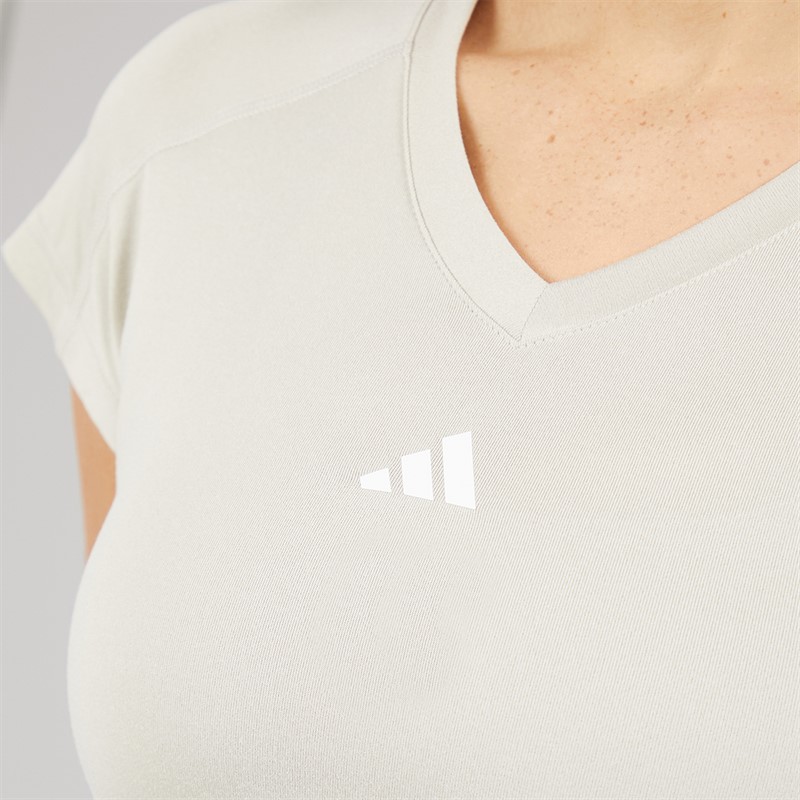 adidas Womens Aeroready Workout Essentials V Neck T-Shirt Beige/White