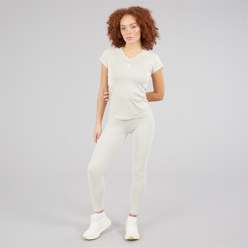 adidas Womens Aeroready Workout Essentials V Neck T-Shirt Beige/White