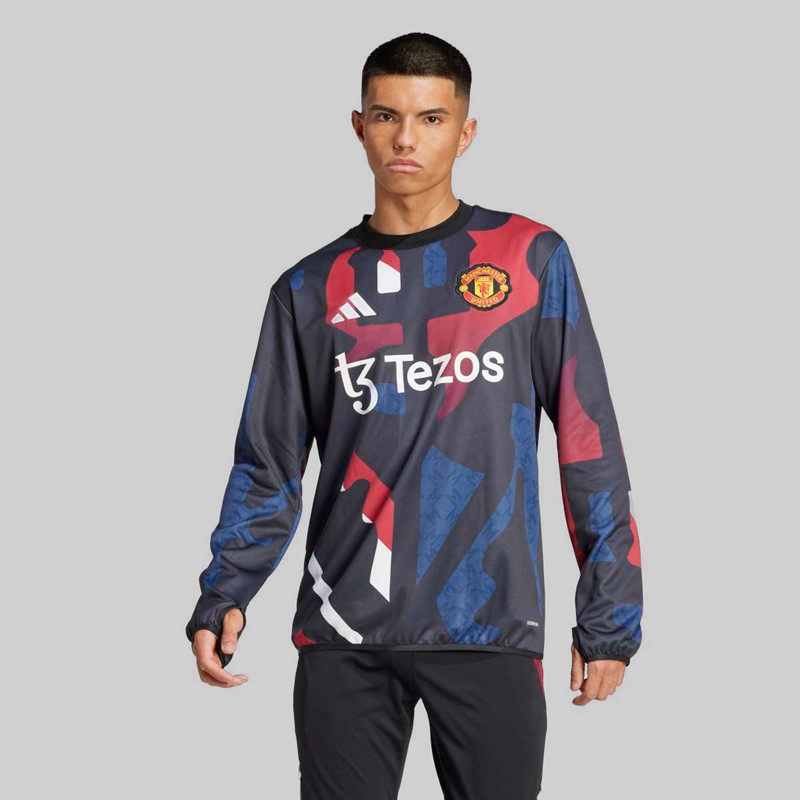 adidas Mens MUFC Manchester United 24/25 Pre Match Warm Up Long Sleeve Top Black/Mufc Red/Off White/Team Coll Burgundy
