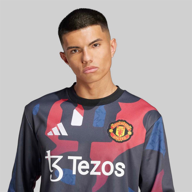 adidas Mens MUFC Manchester United 24/25 Pre Match Warm Up Long Sleeve Top Black/Mufc Red/Off White/Team Coll Burgundy