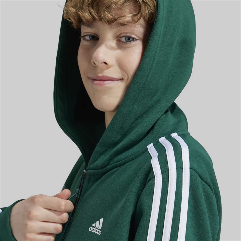 adidas Junior Boys Essentials 3 Stripes Full Zip Hoodie Collegiate Green/White