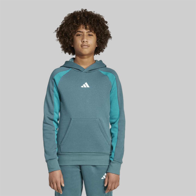 adidas Junior Boys Seasonal Essentials Colourblock Hoodie Preloved Teal/Preloved Teal/White