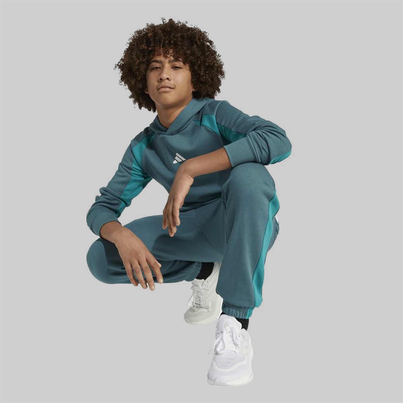 adidas Junior Boys Seasonal Essentials Colourblock Hoodie Preloved Teal/Preloved Teal/White