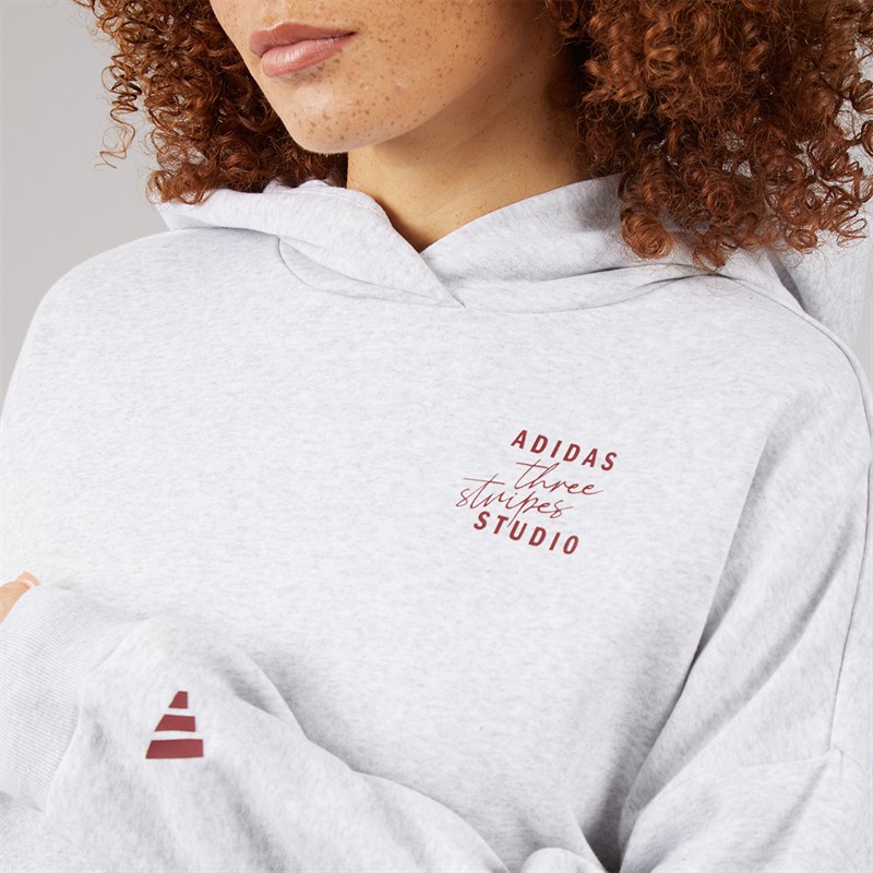 adidas Damen 3 Streifen Studio Hoodie Light Grey Heather