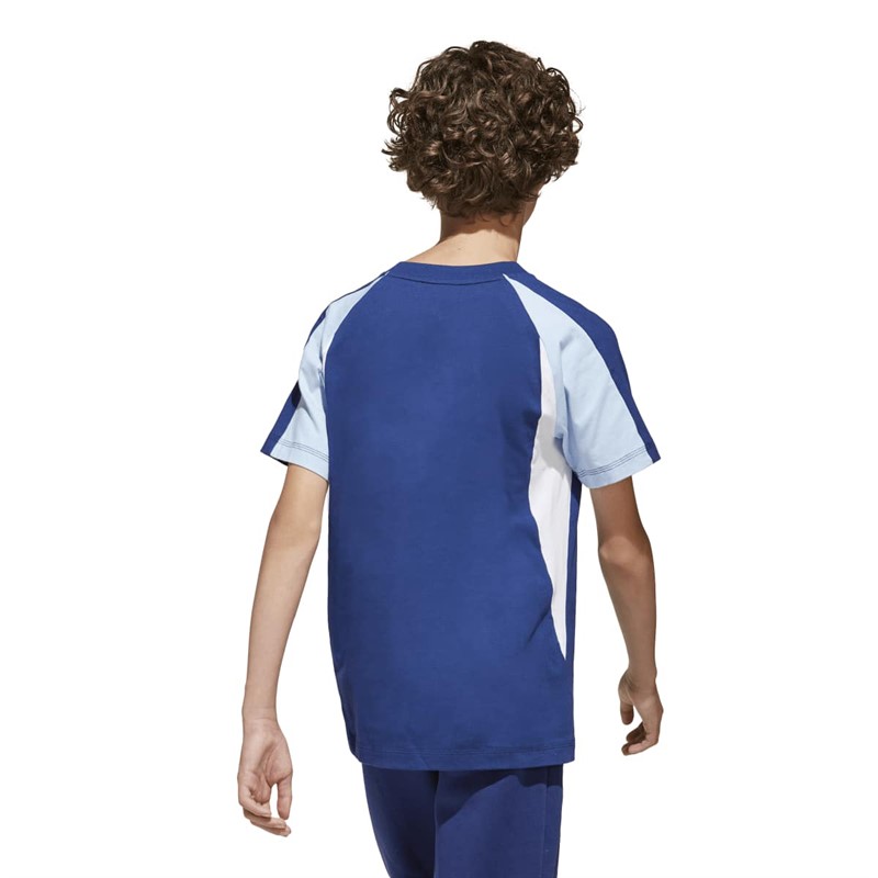 adidas Junior Junge Saisonale Essentials Farbblock T Shirt Dark Blue/Glow Blue/Weiß