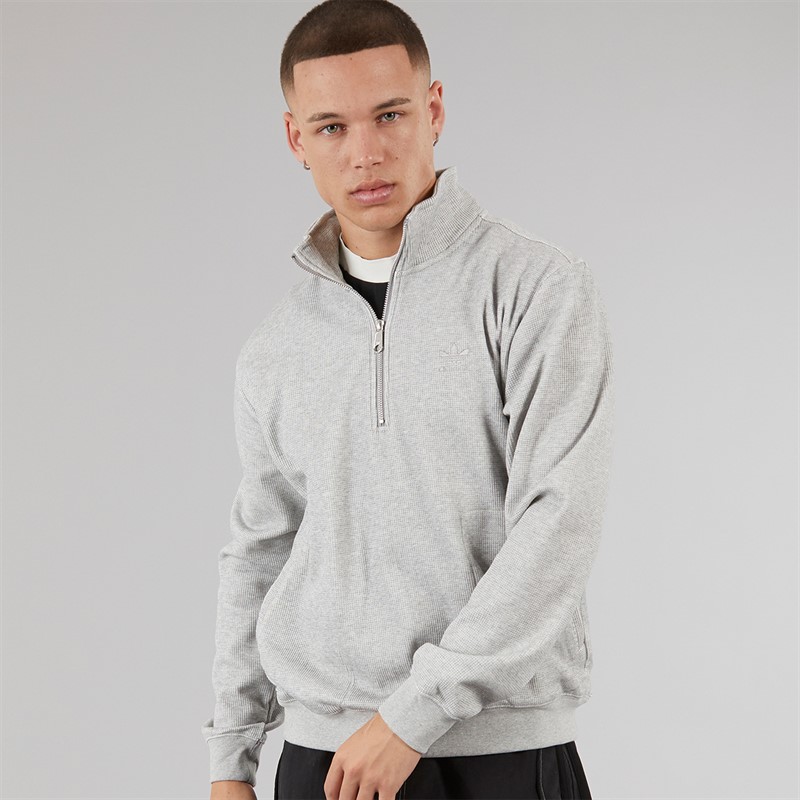 adidas Originals Mens Trefoil Essentials Waffle 1/2 Zip Sweatshirt Medium Grey Heather