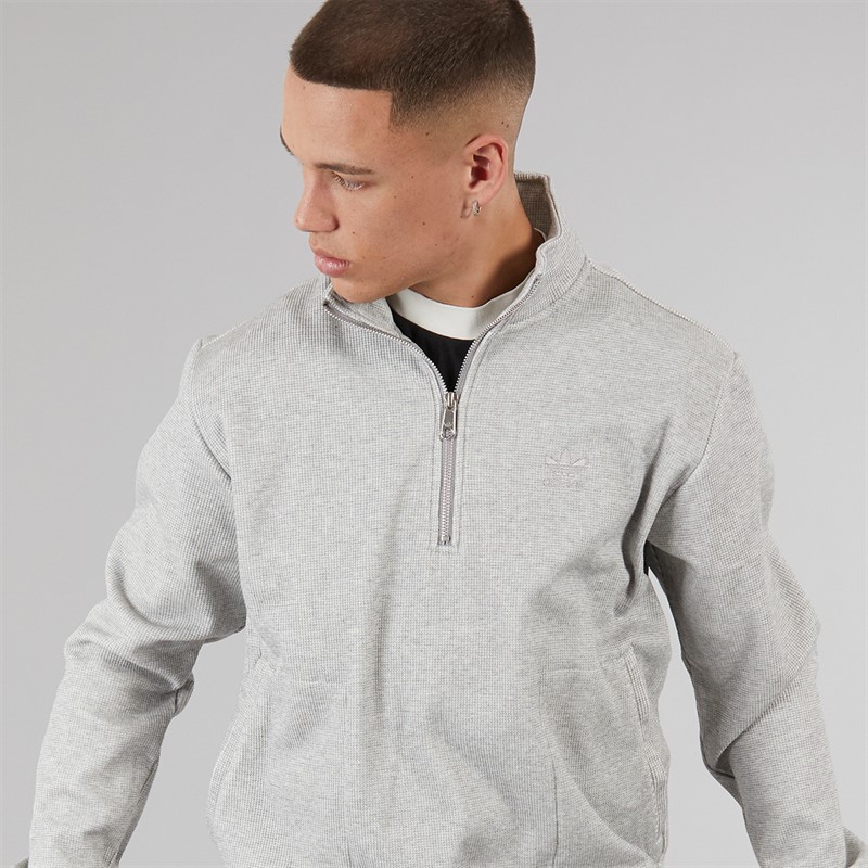 adidas Originals Mens Trefoil Essentials Waffle 1/2 Zip Sweatshirt Medium Grey Heather