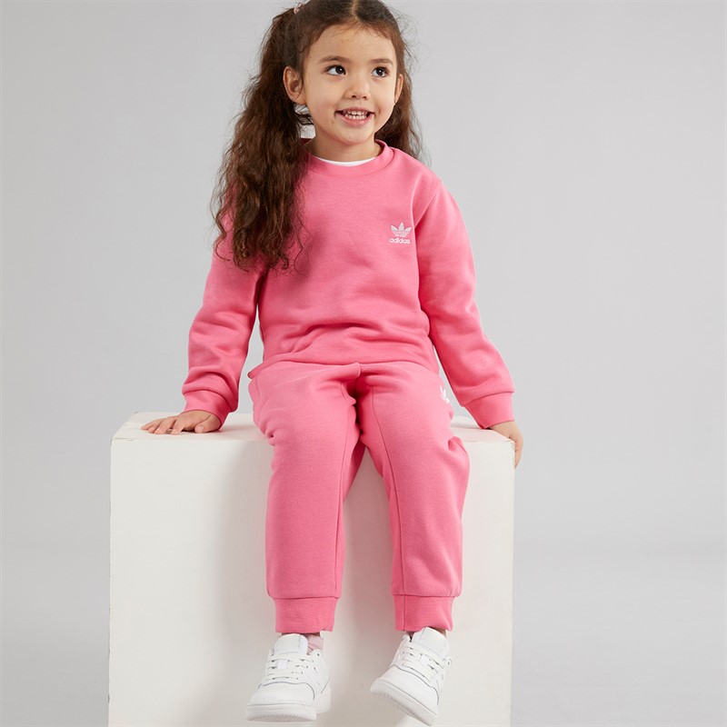 adidas Originals Girls Trefoil Crew Sweatshirt And Joggers Set Pink Fusion