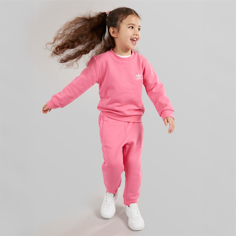 adidas Originals Girls Trefoil Crew Sweatshirt And Joggers Set Pink Fusion