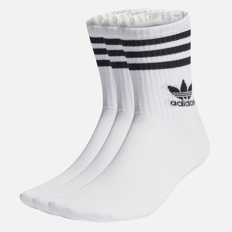 adidas Originals Mid Cut Three Stripes Three Pack Crew Socks White