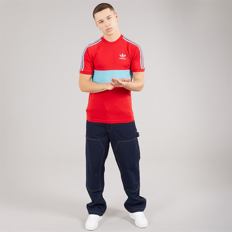 adidas Originals Mens 3-Stripes Adicolor Panel T-Shirt Better Scarlet/Preloved Blue