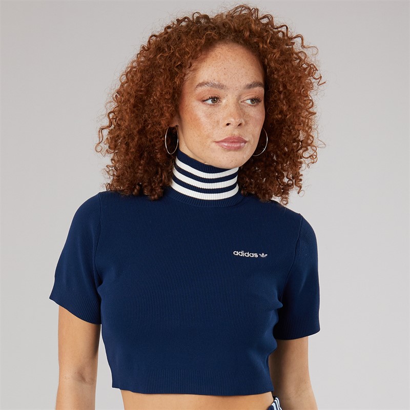 adidas Originals Womens Cropped Turtle Neck T-Shirt Night Indigo/Off White