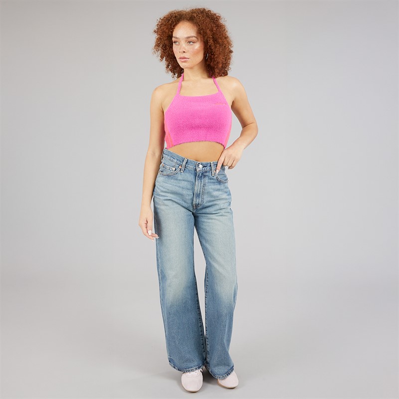 adidas Originals Womens Fluffy Knitted Halter Top Semi Lucid Fuchsia