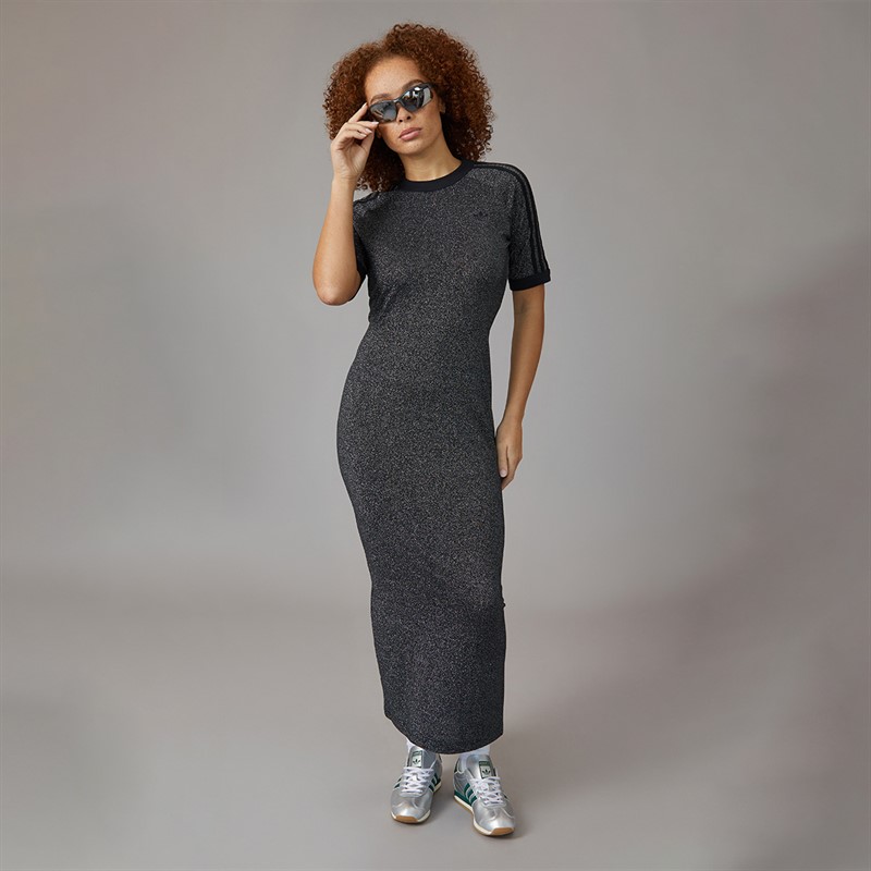 adidas Originals Womens Adicolor Holiday Glitter 3-Stripes Dress Black
