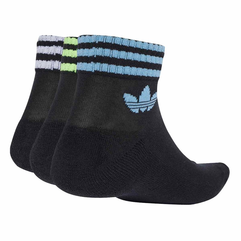 adidas Originals Mens 3-Stripes Trefoil Three Pack Ankle Socks Black/Ash Blue/Signal Green