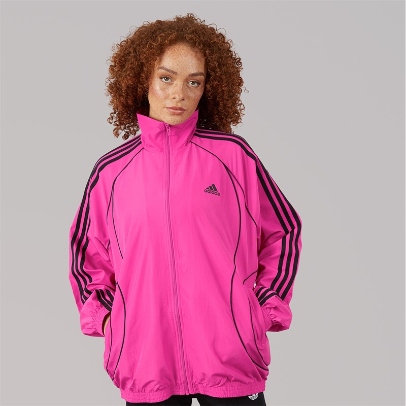 adidas Originals Damen Teamgeist Adicolor Oversized Gewebtes Durchgehendes Reißverschluss Trainings Oberteil Semi Lucid Fuchsia/Schwarz