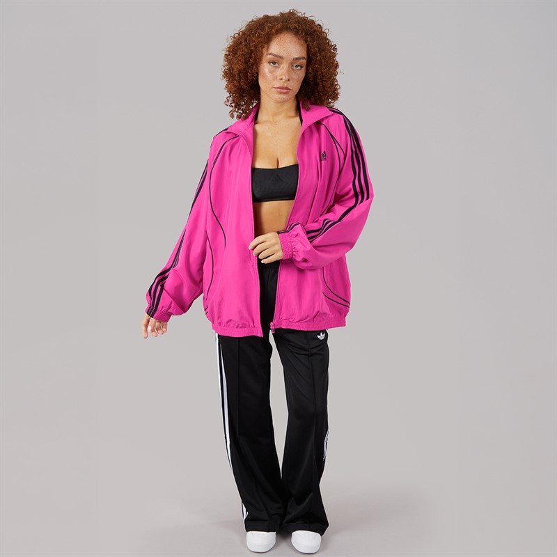 adidas Originals Damen Teamgeist Adicolor Oversized Gewebtes Durchgehendes Reißverschluss Trainings Oberteil Semi Lucid Fuchsia/Schwarz