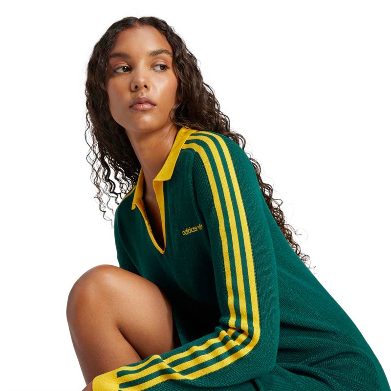 adidas Originals Damen Strick Poloshirt Kleid Collegiate Green/Cream Yellow