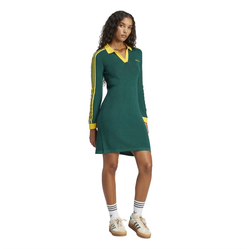 adidas Originals Damen Strick Poloshirt Kleid Collegiate Green/Cream Yellow