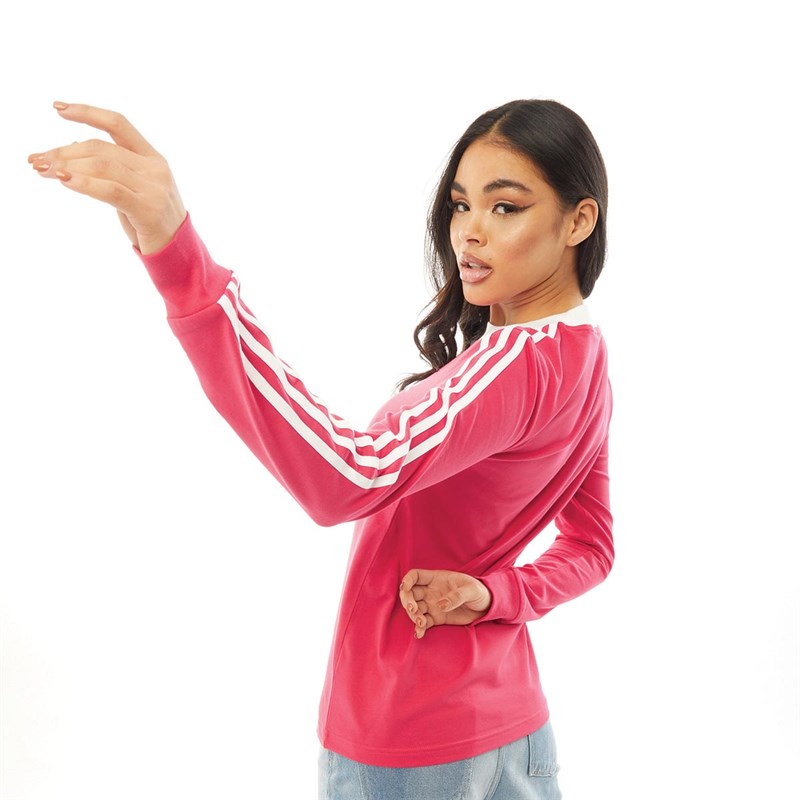 adidas Originals Womens 3-Stripes Long Sleeve Top Powder Pink/White