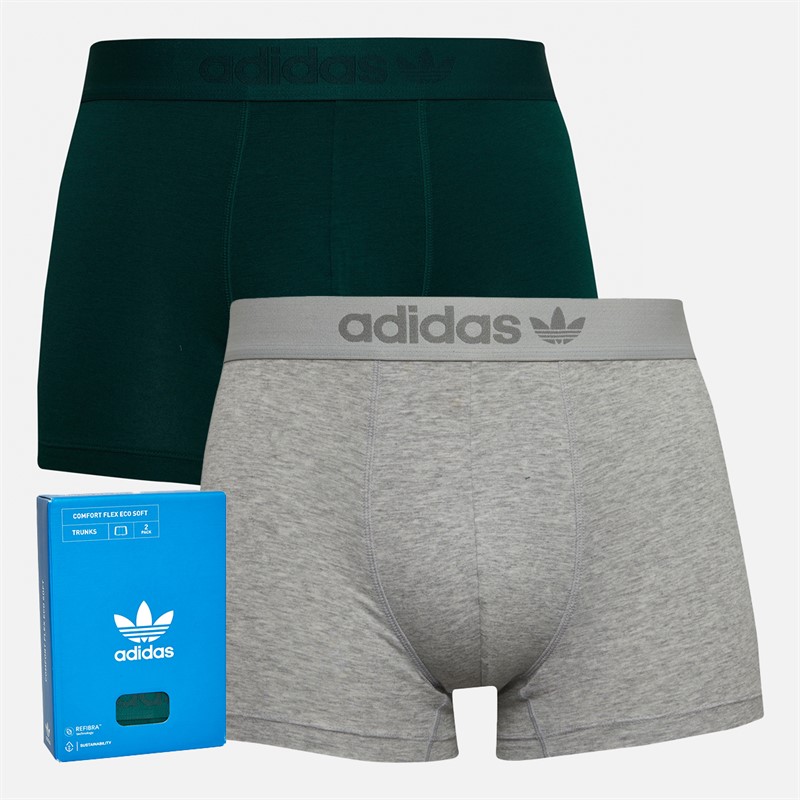 adidas Originals Mens Comfort Flex Eco 3-Stripes Two Pack Trunks Green/Grey