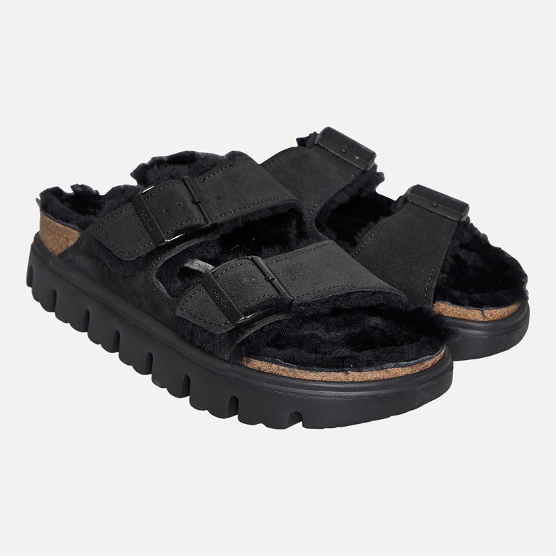 Birkenstock Womens Arizona Chunky Shearling Lined Dual Strap Sandals Black