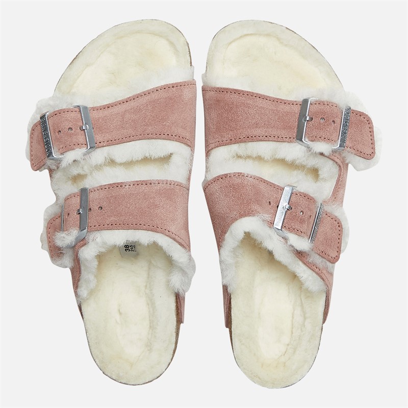 Birkenstock Womens Arizona Shearling Lined Dual Strap Sandals Pink Clay
