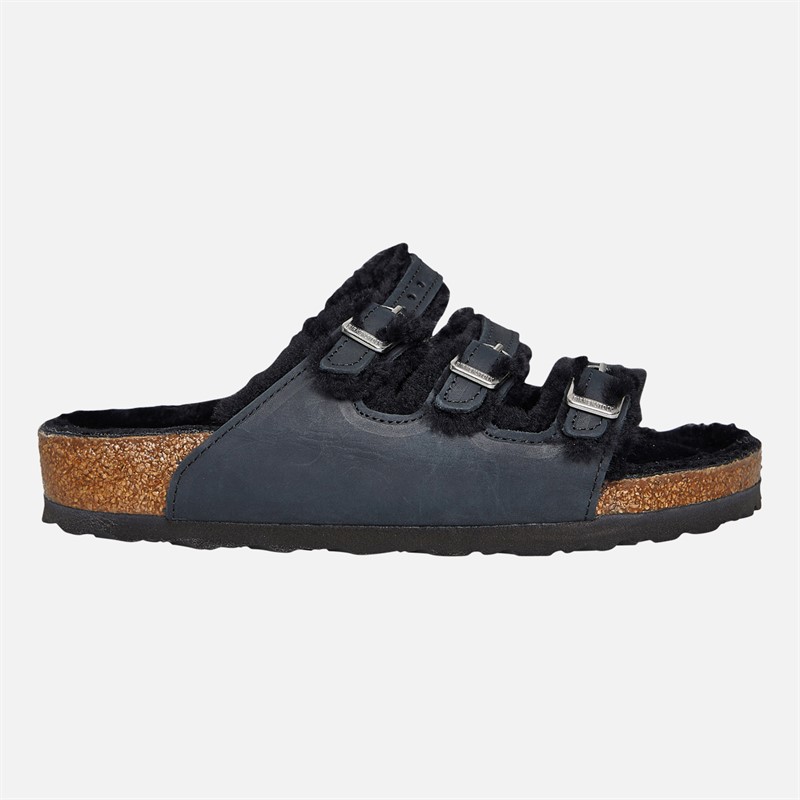Birkenstock Womens Florida Shearling Lined Triple Strap Sandals Black