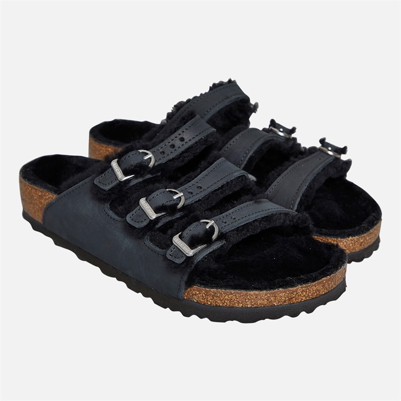 Birkenstock Womens Florida Shearling Lined Triple Strap Sandals Black
