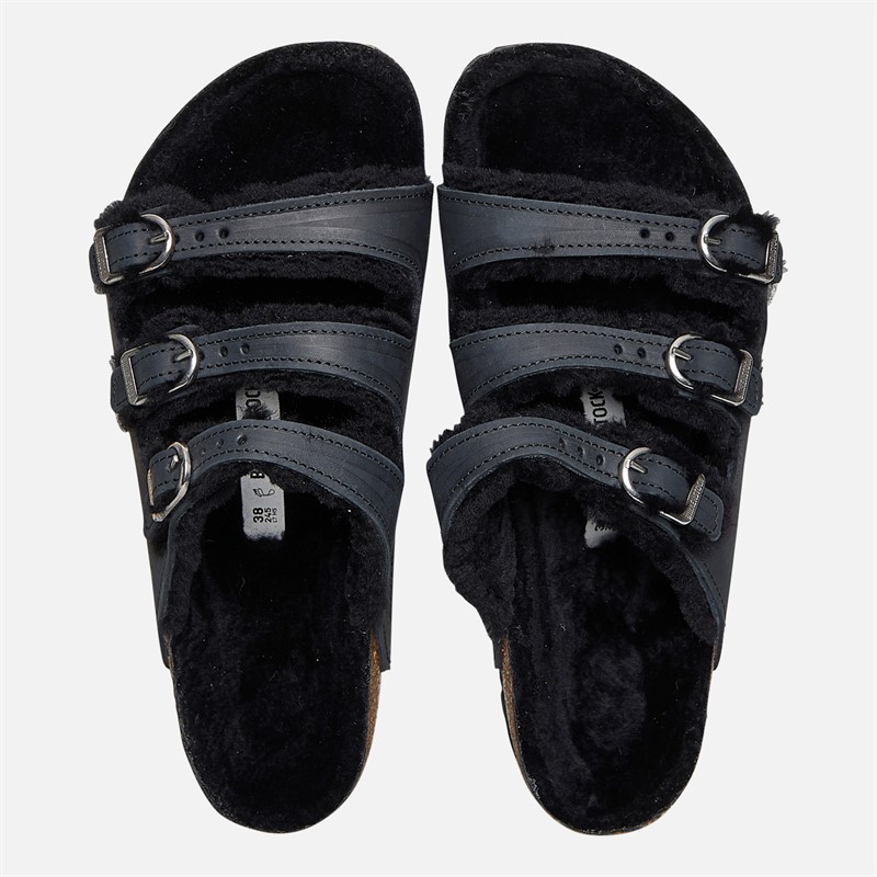 Birkenstock Womens Florida Shearling Lined Triple Strap Sandals Black