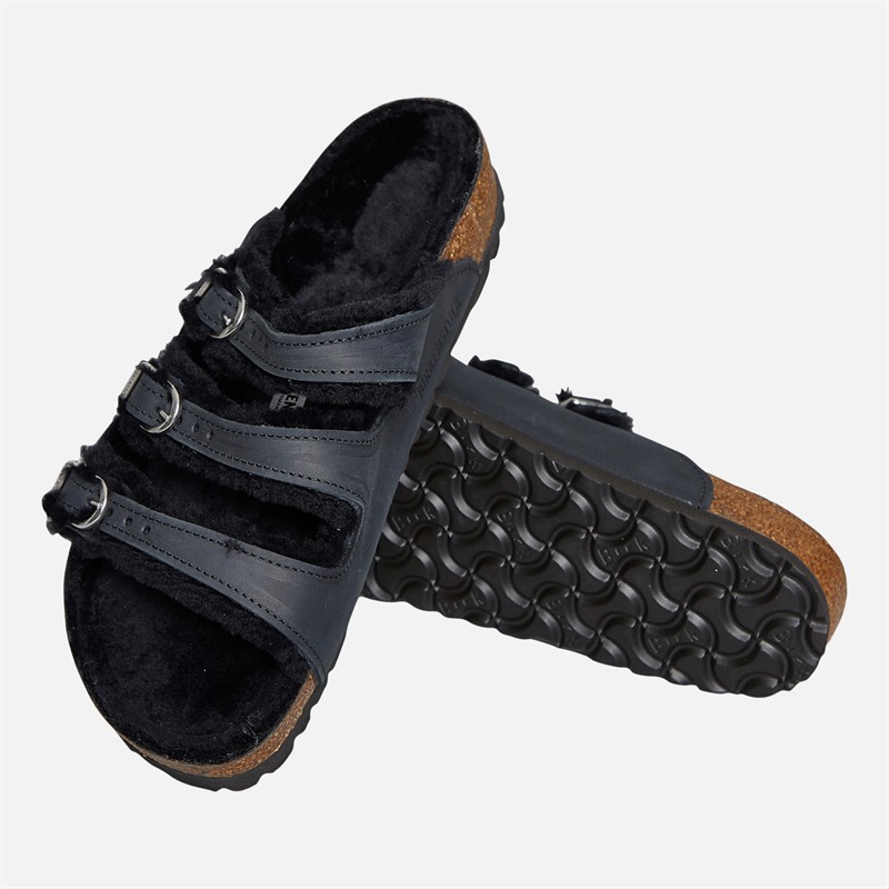 Birkenstock Womens Florida Shearling Lined Triple Strap Sandals Black