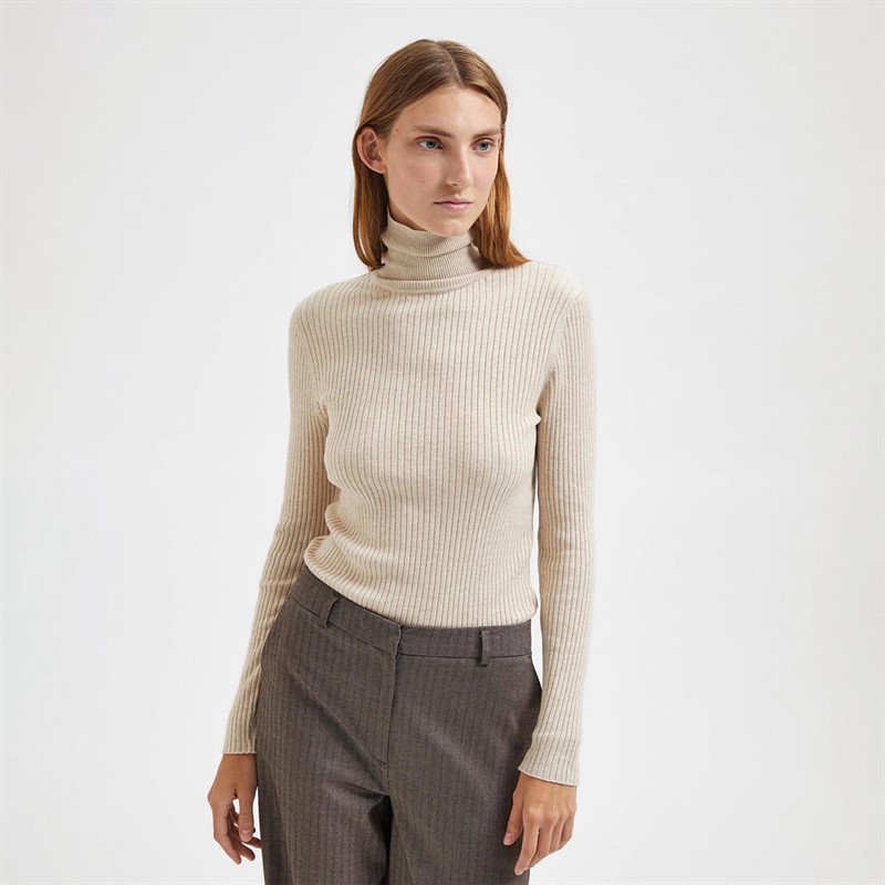 Selected Femme Pull à col roulé Womes Pullover Femme Beige