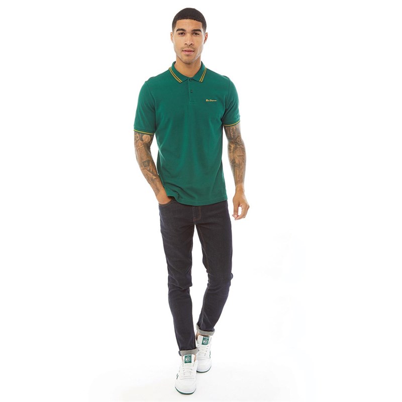 Ben Sherman Mens Twin Tipped Polo Forest/Gold Tip