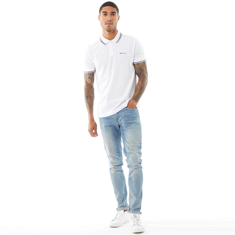 Ben Sherman Mens Short Sleeve Wide Twin Tipped Polo White Navy Tip