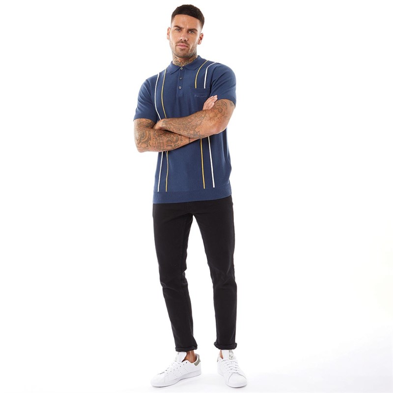 Ben Sherman Mens Minimal Mod Stripe Polo Blue Denim