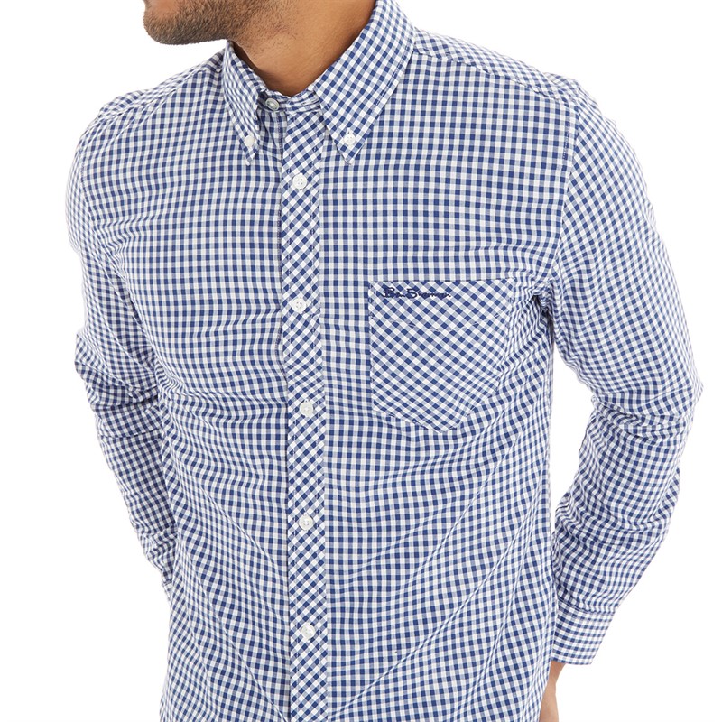 Ben Sherman Mens Long Sleeve Gingham Dark Blue