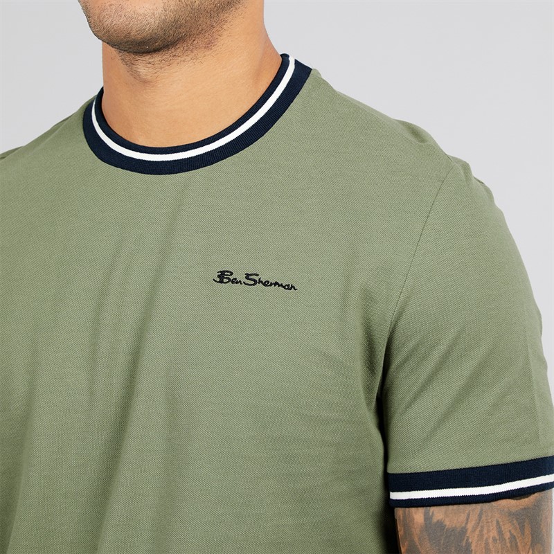 Ben Sherman Mens Pique Ringer T-Shirt Pale Khaki