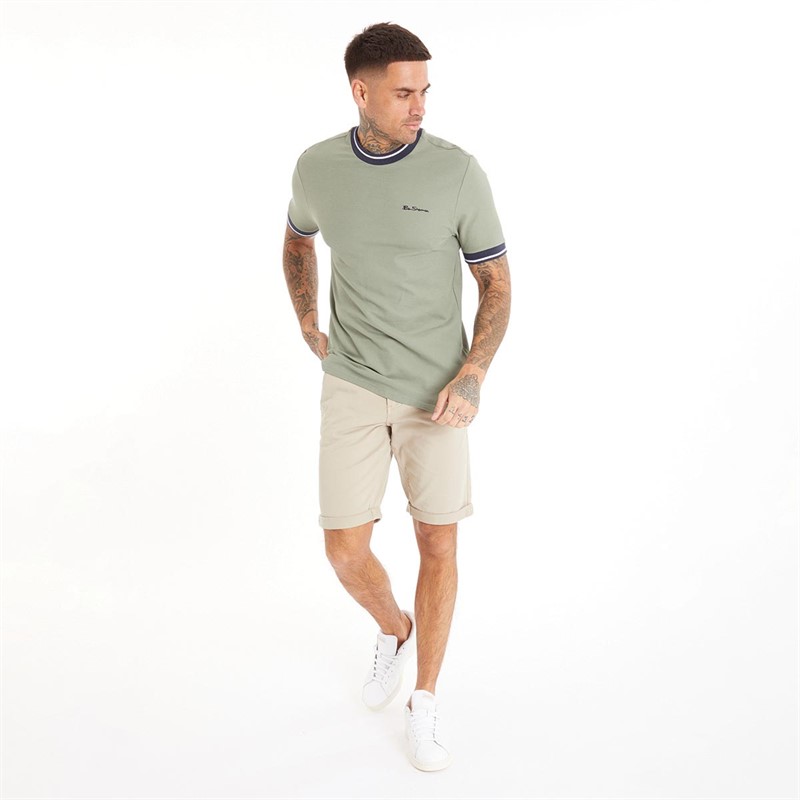 Ben Sherman Herren Pique Ringer T-Shirts Hellkhaki