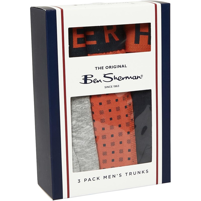 Ben Sherman Mens Jair Three Pack Trunks Grey Marl/Ginger Print/Salute