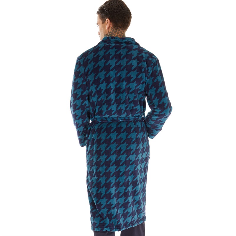 Ben Sherman Mens Milo Fleece Robe Lyons Blue/Houndstooth Check
