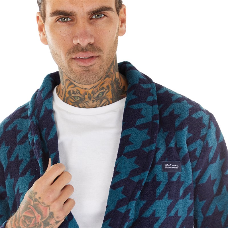 Ben Sherman Mens Milo Fleece Robe Lyons Blue/Houndstooth Check
