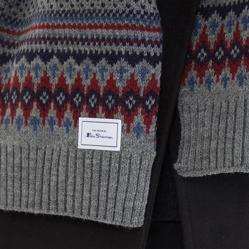 Ben Sherman Mens Fairisle Scarf Grey/Red/Multi