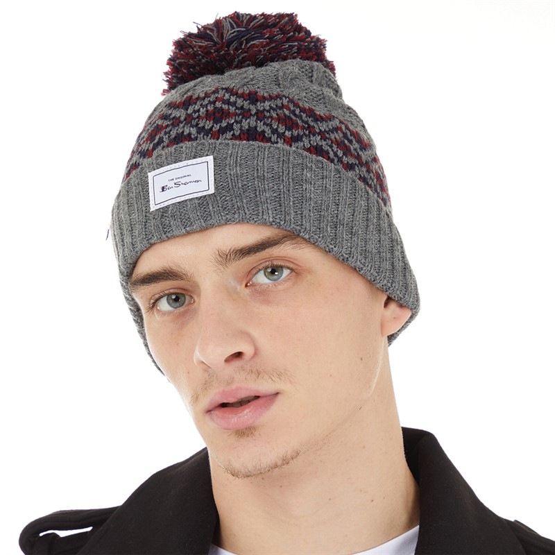 Ben Sherman Mens Fairisle Cable Beanie Grey/Red/Multi