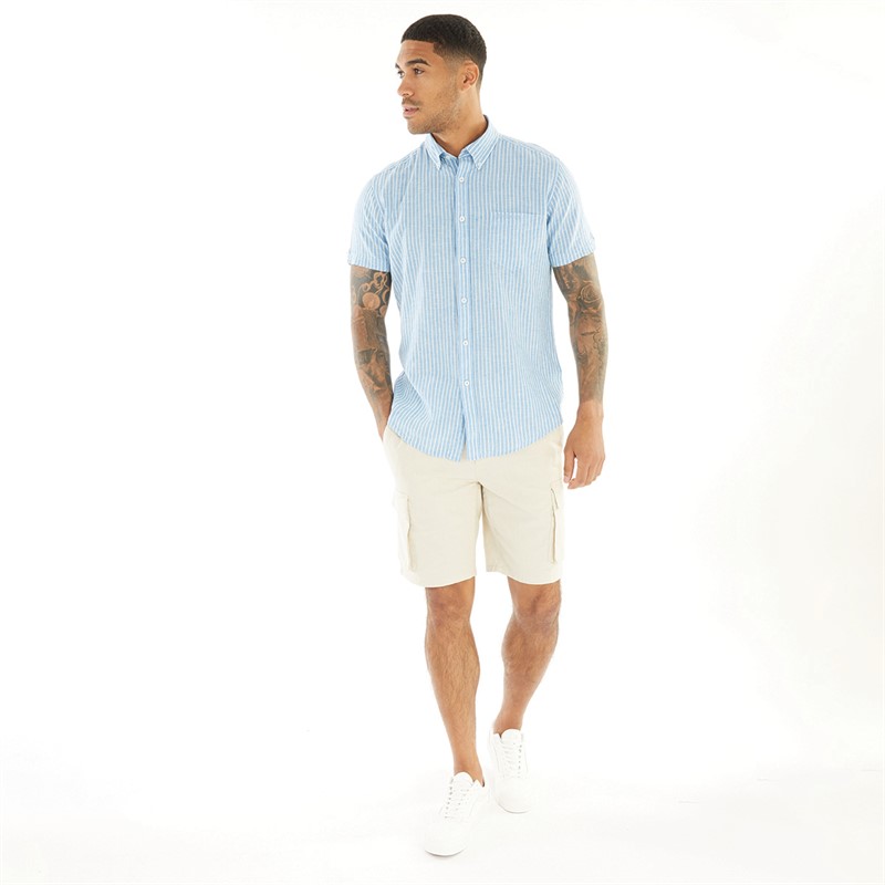 Ben Sherman Mens Stripe Linen Short Sleeve Shirt Blue